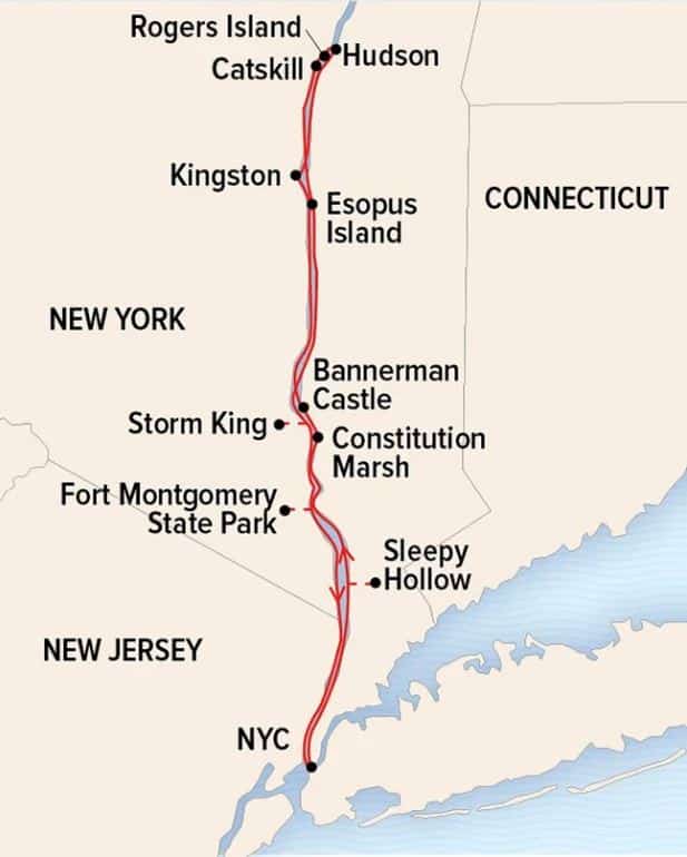 Route map of Exploring The Hudson River: Fall Foliage Cruise operating round-trip from New York, New York with visits to Sleepy Hollow., Fort Montgomery State Park, Constitution Marsh, Storm King, Bannerman Castle, Esopus Island, Kingston, Catskill, Rogers Island & Hudson.