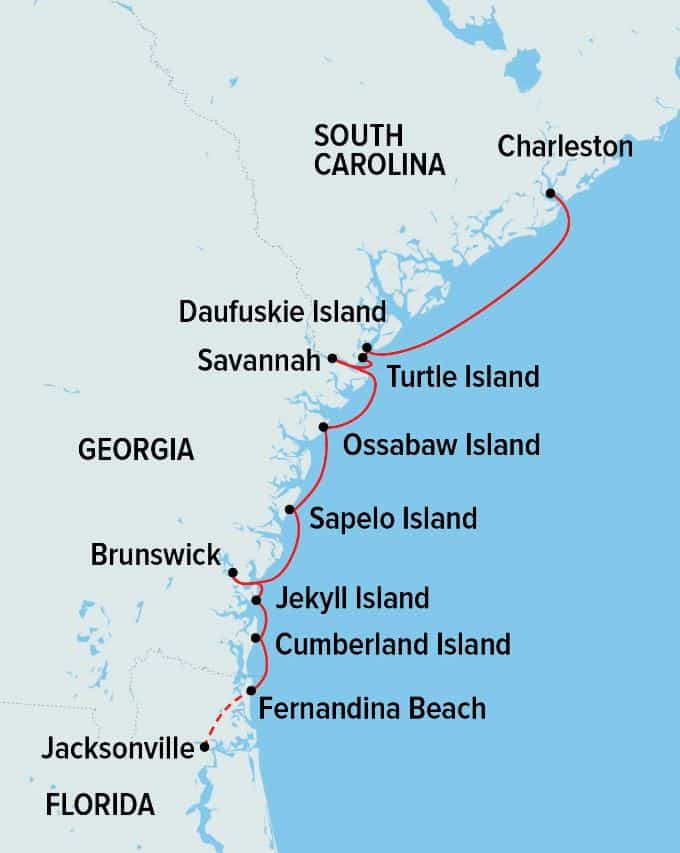 Route map of Exploring The Low Country: Cumberland Island to Charleston Cruise between Florida & South Carolina with visits including Brunswick & Savannah, among offshore islands.