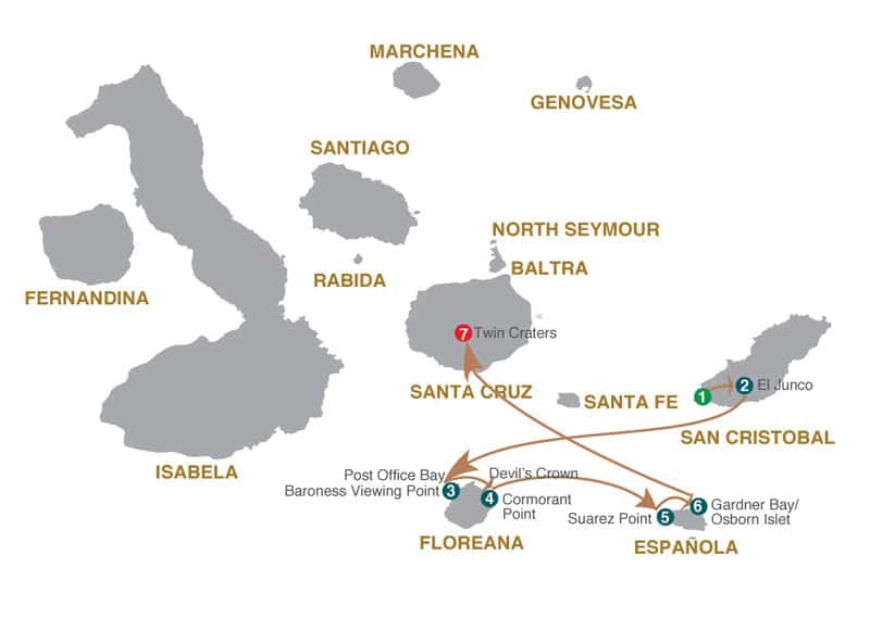Route map of Southern Grand Majestic cruise, from San Cristobal to Santa Cruz with visits to the islands of Floreana & Espanola.