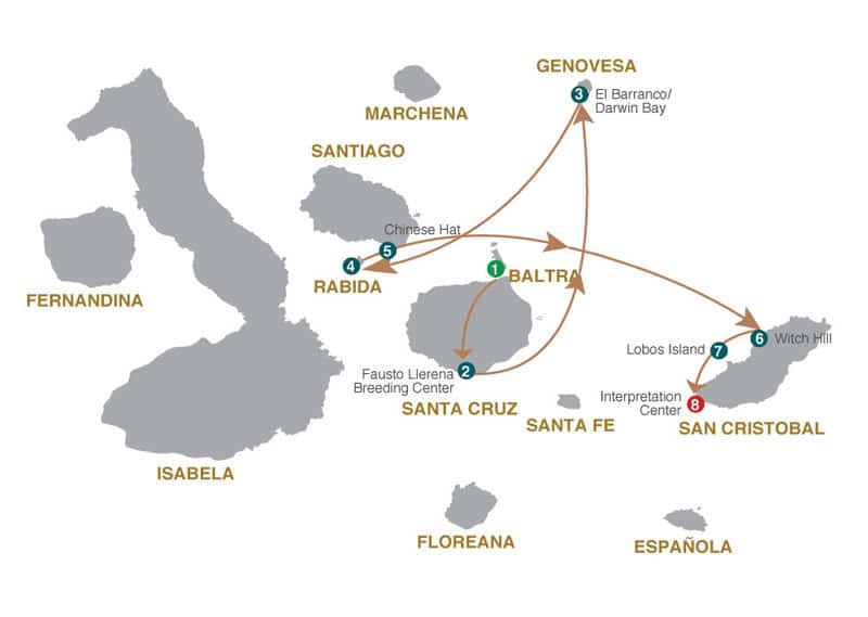 Route map of Northern Grand Majestic cruise, from Santa Cruz to San Cristobal with visits to the islands of Genovesa, Rabida & Chinese Hat.