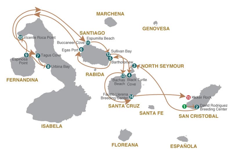 Route map of Western Grand Majestic cruise, round-trip from San Cristobal with visits to the islands of North Seymour, Santa Cruz, Bartolome, Santiago, Isabela & Fernandina.
