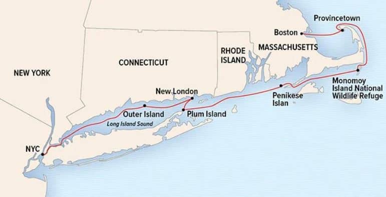 Route map of cruise from New York to Boston or reverse, with visits to Long Island Sound, New London, Connecticut, Penikese Island, Massachusetts, Monomoy Island National Wildlife Refuge & Provincetown.