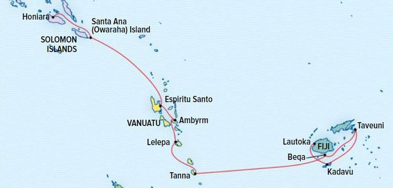 Route map of Rites & Relics: From The Solomon Islands to Fiji South Pacific cruise with additional visits in Vanuatu.