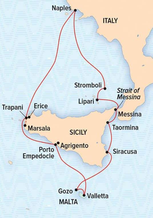 Route map of Sailing The Ancient Shores of Sicily & Malta cruise round-trip from Naples with visits along Sicily's western, southern and eastern shores plus Malta's Gozo & Valletta.