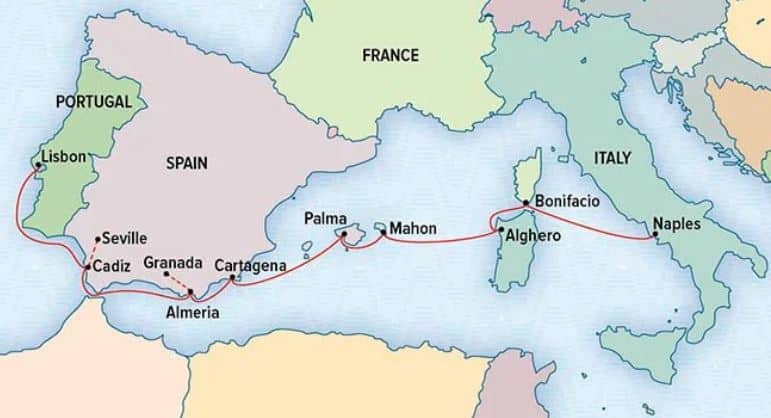 Route map of Sailing The Western Mediterranean: Spain to Corsica Aboard Sea Cloud, operating from Lisbon, Portugal to Naples, Italy, with visits along the Iberian Peninsula, Spain's southern islands, Corsica & Sardinia.