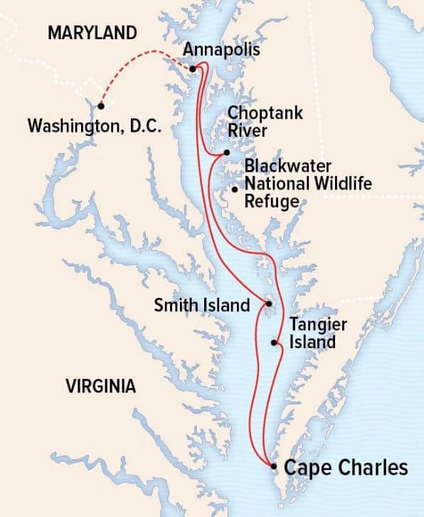 Route map of Wild Chesapeake Bay Escape cruise, round-trip from Washington D.C. with ship embark & disembark in Annapolis, Maryland.