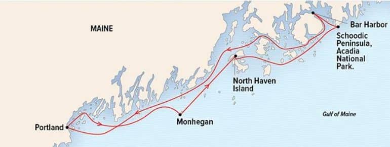 Route map of Wild Maine Escape: Exploring Downeast & Acadia National Park Cruise, operating round-trip from Portland with visits as far north as Bar Harbor.