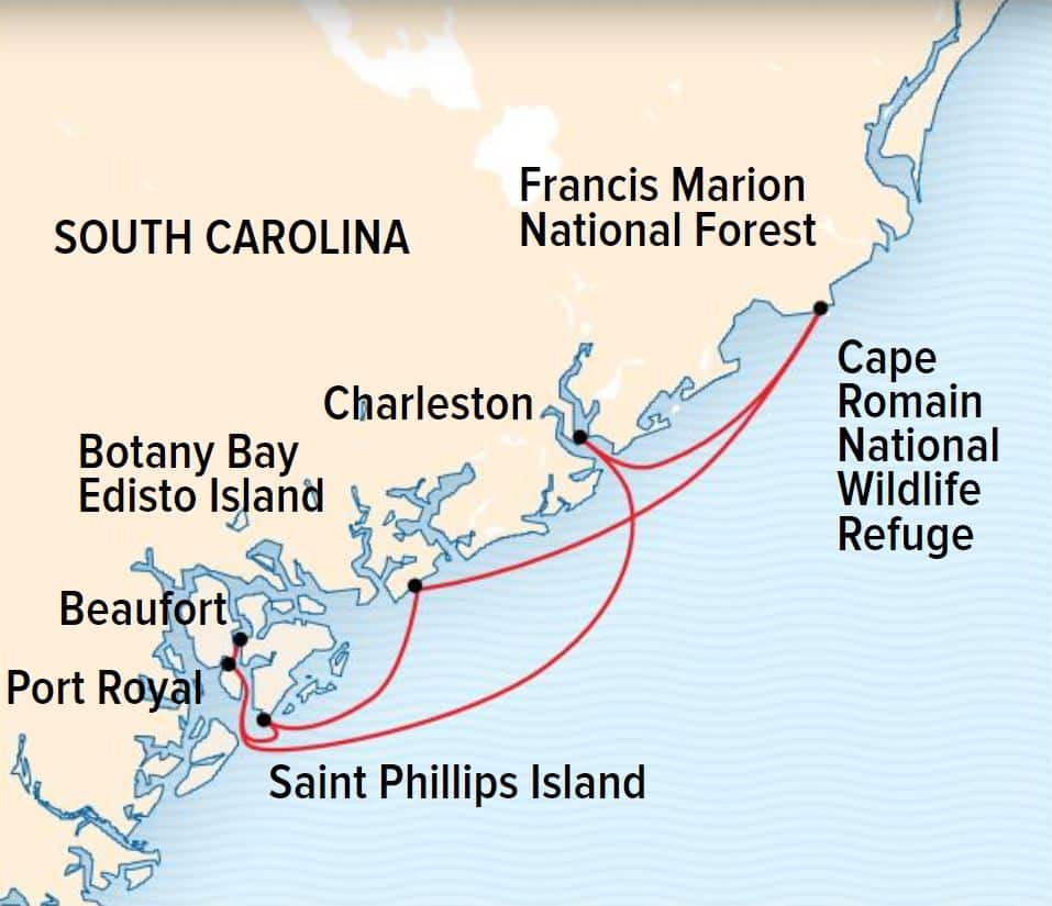 Route map of Wild South Carolina Escape cruises out of Charleston South Carolina with visits along the coast.