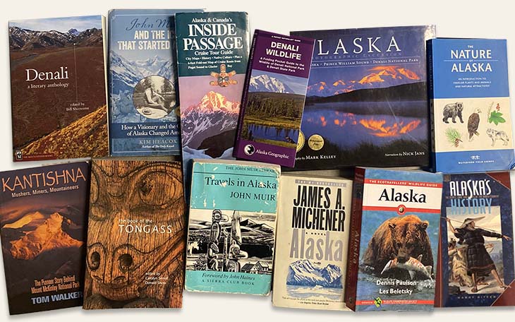 A collage of book covers of the top Alaska books and recommended reading when preparing for an Alaska small ship cruise.