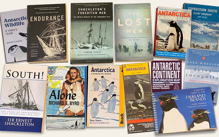 A collage of book covers of the top Antarctica books and recommended reading when preparing for an Antarctica cruise.
