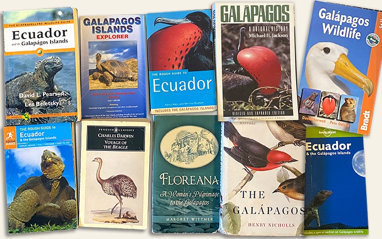 A collage of book covers of the top Galapagos books and recommended reading when preparing for a Galapagos cruise.