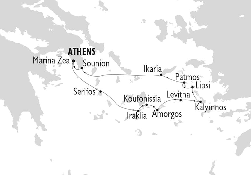 Map showing the stops of the Unexplored Greek Islands Cruise roundtrip from Athens.
