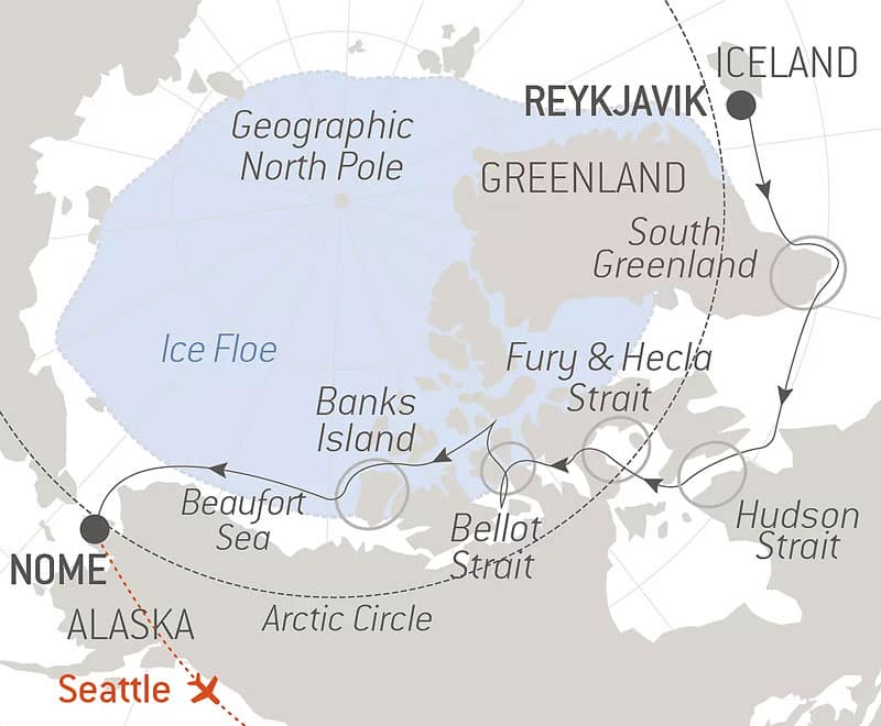 Route map of 2022 Northwest Passage voyage from Reykjavik, Iceland, to Nome, Alaska, with a charter flight to end in Seattle, Washington.
