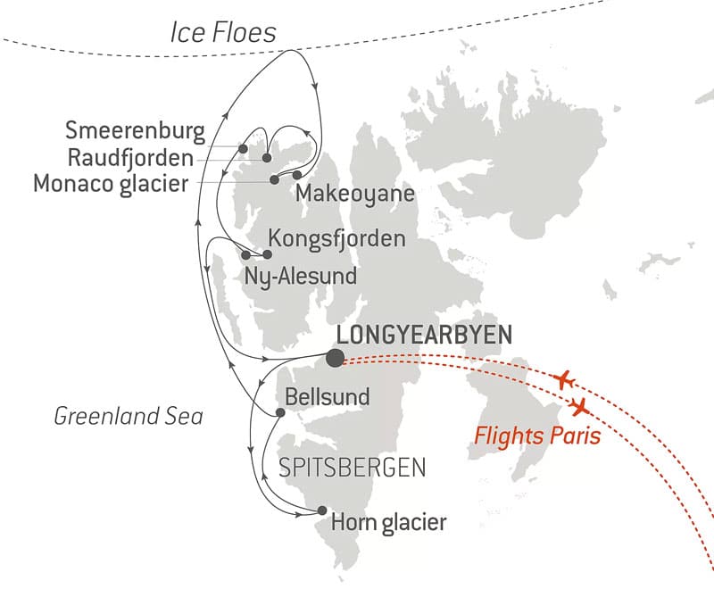 Route map of Fjords & Glaciers of Spitsbergen Arctic voyage round-trip from Longyearbyen, Svalbard with bookend flights connecting to Paris, France.